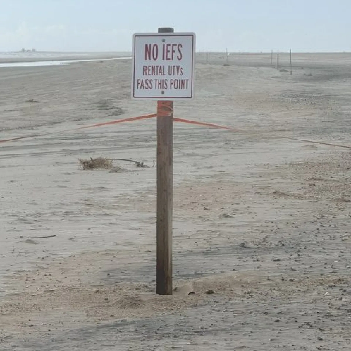 Sign on sandy beach reads 'No Lifeguard Beyond This Point'.